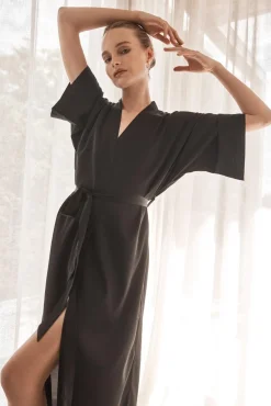 Bethany Black Silky Satin Robe