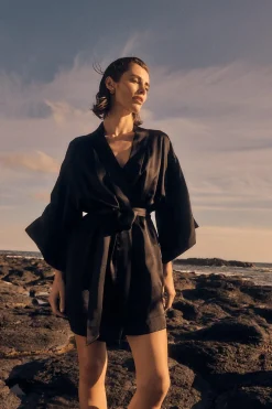 Diamond Pure Silk Black Short Robe