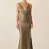 Fern Olive Silky Satin Long Chemise