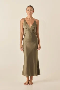 Fern Olive Silky Satin Long Chemise