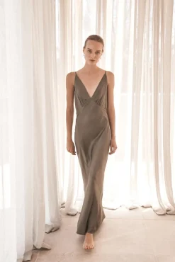 Fern Olive Silky Satin Long Chemise