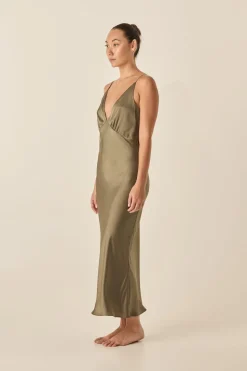 Fern Olive Silky Satin Long Chemise