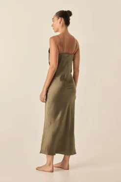 Fern Olive Silky Satin Long Chemise