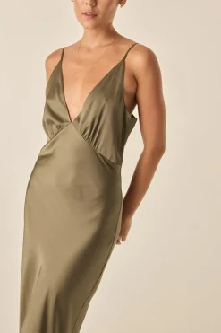 Fern Olive Silky Satin Long Chemise