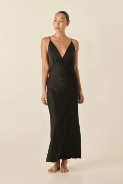Ilona Black Silky Satin Long Chemise