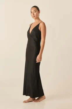 Ilona Black Silky Satin Long Chemise
