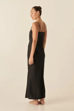 Ilona Black Silky Satin Long Chemise