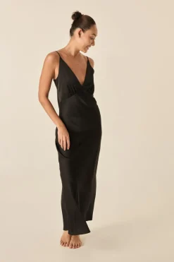 Ilona Black Silky Satin Long Chemise