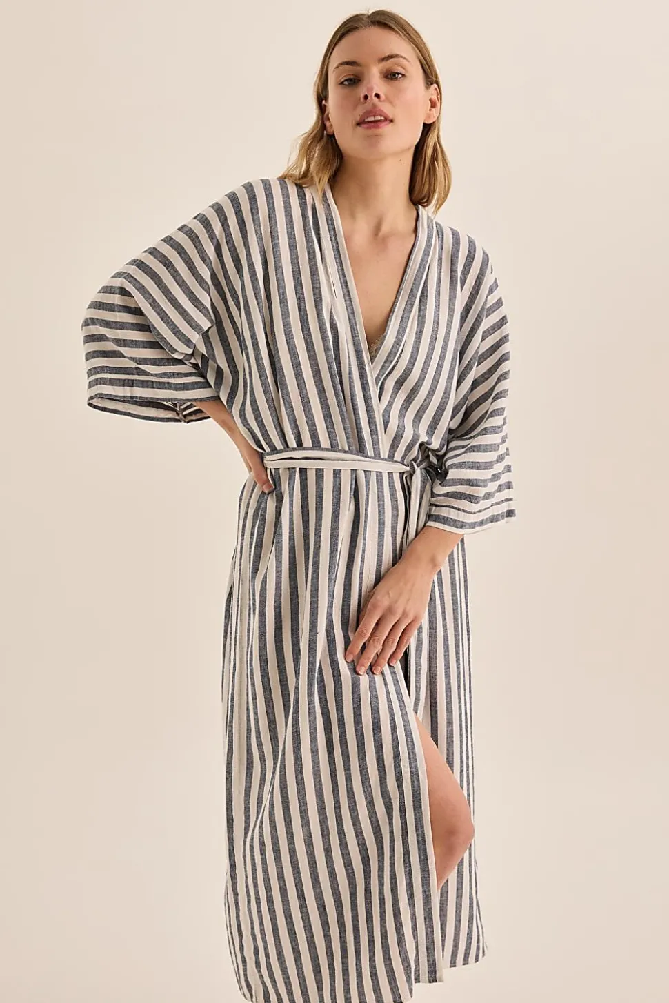 Sunny Navy Stripe Linen Robe